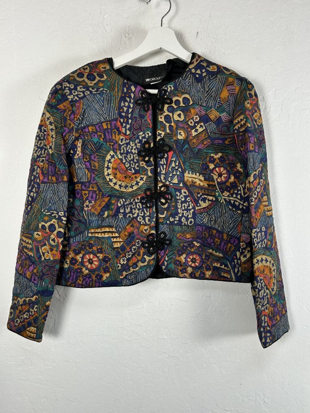 Vintage In Group Ltd Womens Abstract Quilted Cropped Jacket Size 12 Frog Button